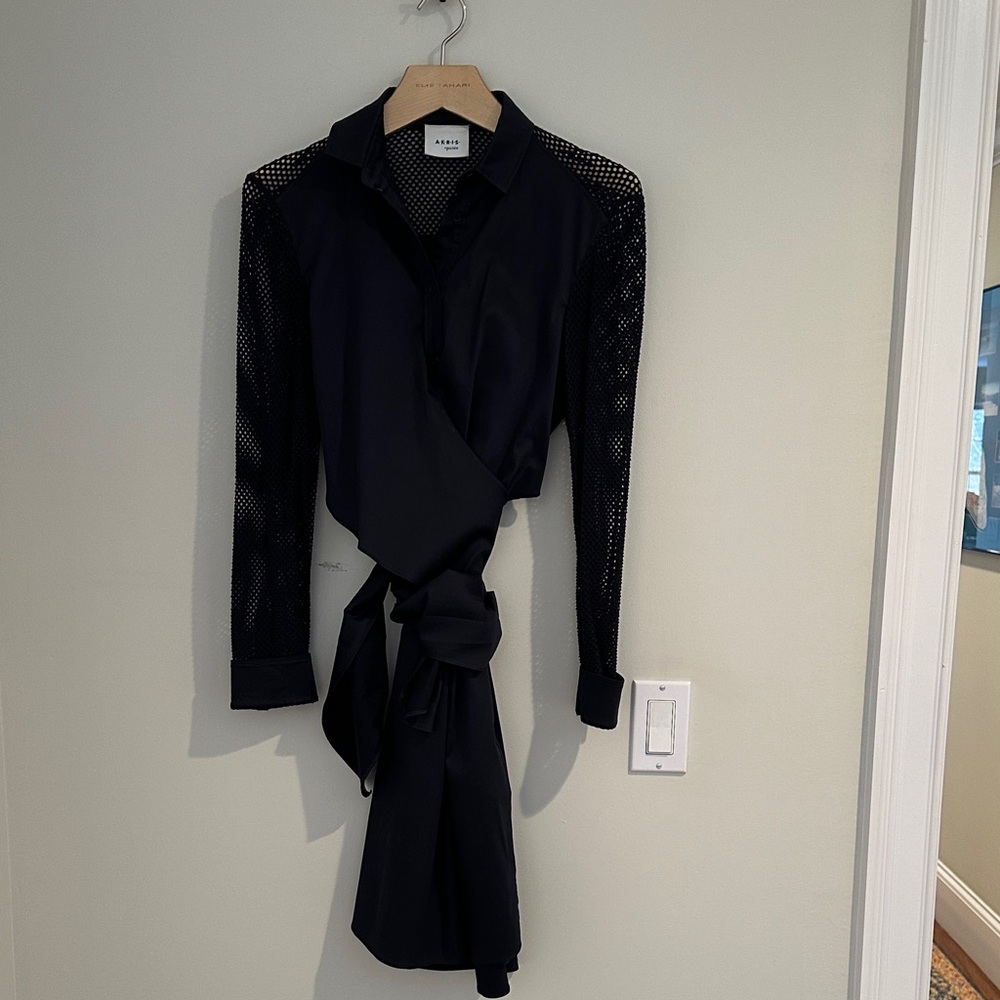 AKRIS punto Dark, Midnight Navy Mesh Sleeve Wrap Dress.